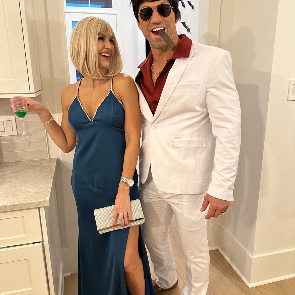 Dreamy Luxury Teal Blue Satin Rhinestone Backless Maxi Dress Size M (140 lbs)